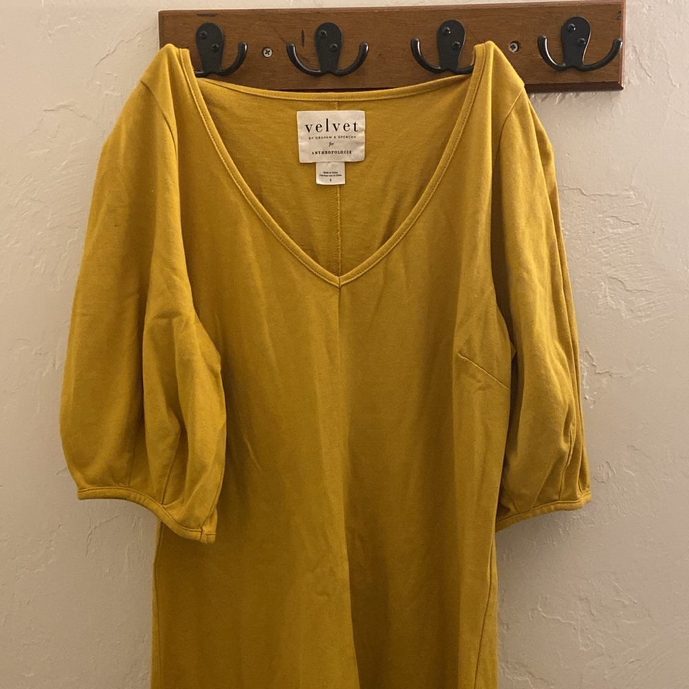 Velvet for Anthropology yellow puff sleeve dress